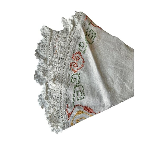 Round Embroidered Tablecloth Cross-Stitch Crocheted Scalloped Edges 38.5 Dia VTG - Picture 10 of 10